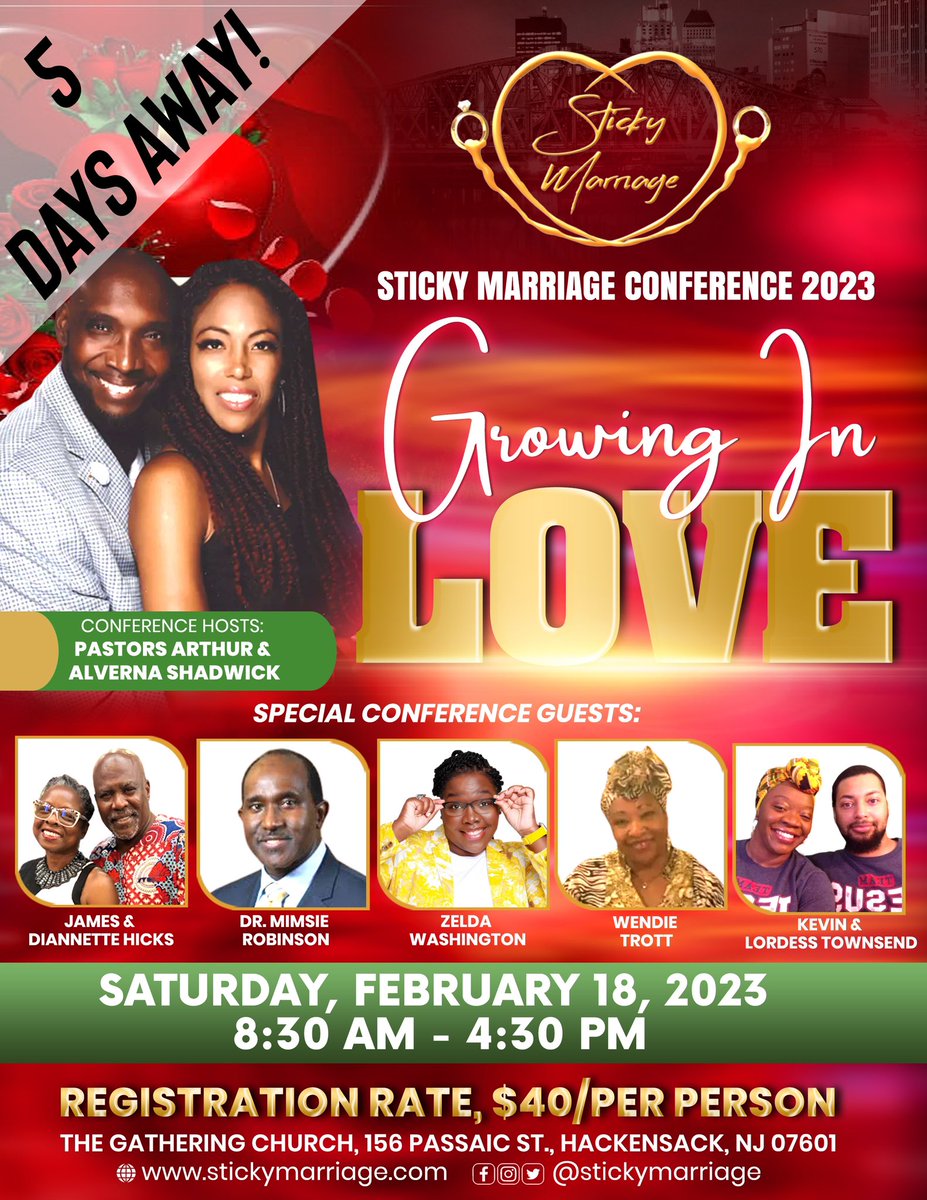 5 DAYS Away! 
REGISTER TODAY at stickymarriage.com

Calling all Married, Engaged, Dating & Singles!!!

#StickyMarriage #Marriage #Married #HusbandGoals #WifeGoals #HusbandAndWife #MarriageWorks #MarriageGoals #Relationships #ChristianMarriage #ITheeWed #GrowingInLove #