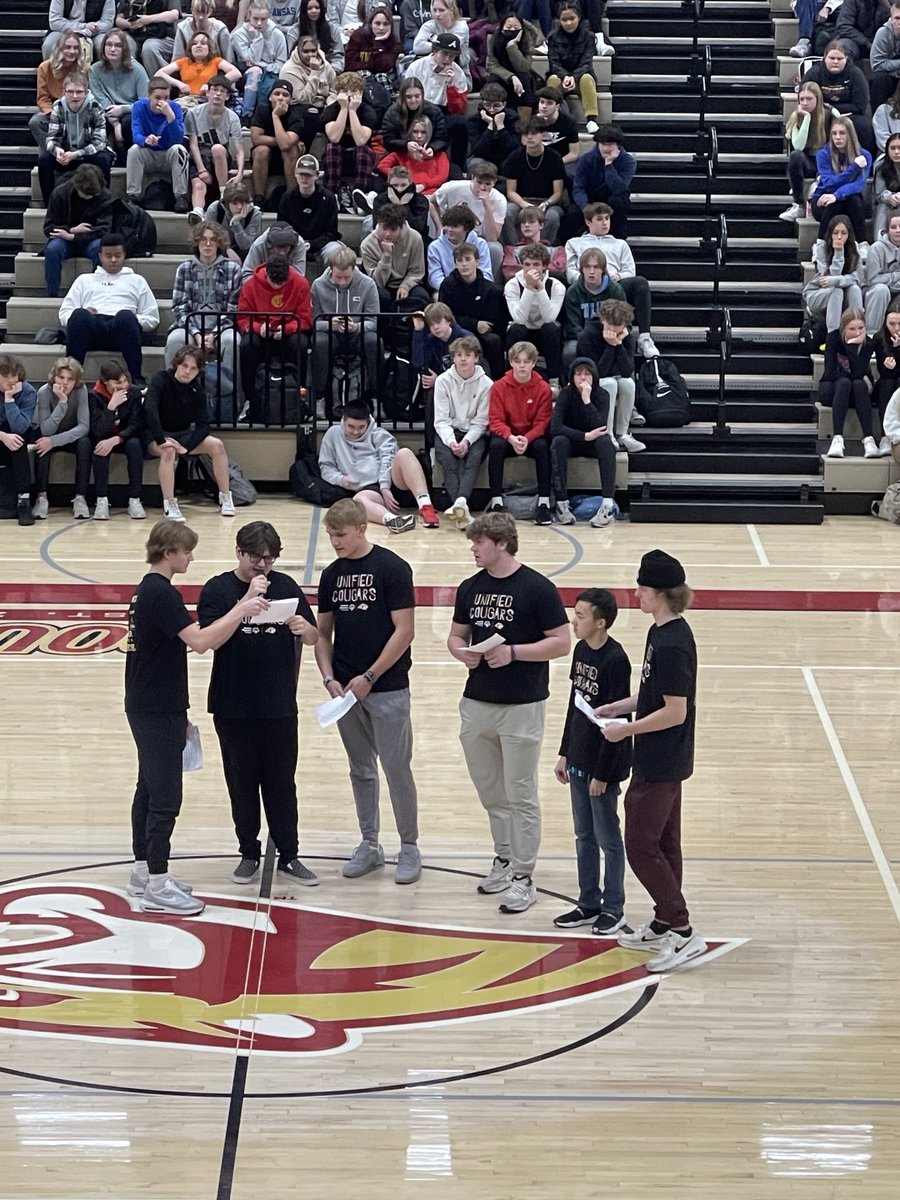 Senior Captains Ashton Dahms and Tyler Lafferty sharing with the Lakeville South student body about inclusion and their experience in Unified PE this past semester. #maketheworldbetter #proudCoach