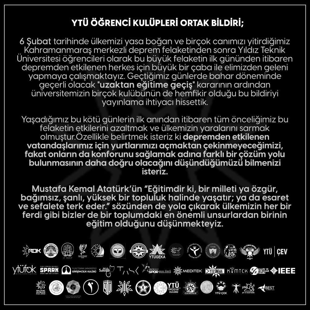 ieeeytu's tweet photo. YTÜ Öğrenci Kulüpleri olarak ortak bildirimizdir. https://t.co/zo79Go9COJ