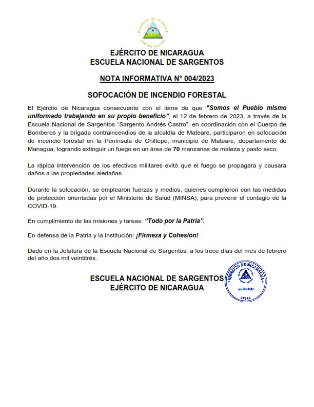EjercitoNic's tweet photo. #NOTAINFORMATIVA | A través de la #EscuelaNacionalDeSargentos, en coordinación con el Cuerpo de Bomberos y la brigada contraincendios de la alcaldía de #Mateare, participaron en sofocación de incendio forestal en la península de #Chiltepe. #TodoPorLaPatria https://t.co/y5dHOV36Cv