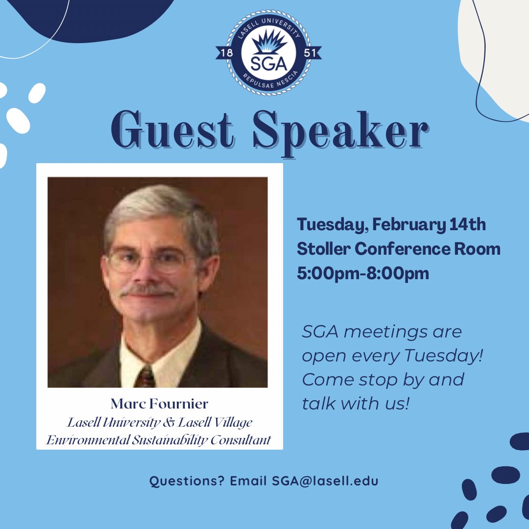 Join us at our #SGA meeting tomorrow as we sit down with Lasell University &amp; Lasell Village Environmental Sustainability Consultant Marc Fournier! #studentgovernment #laselluniversity