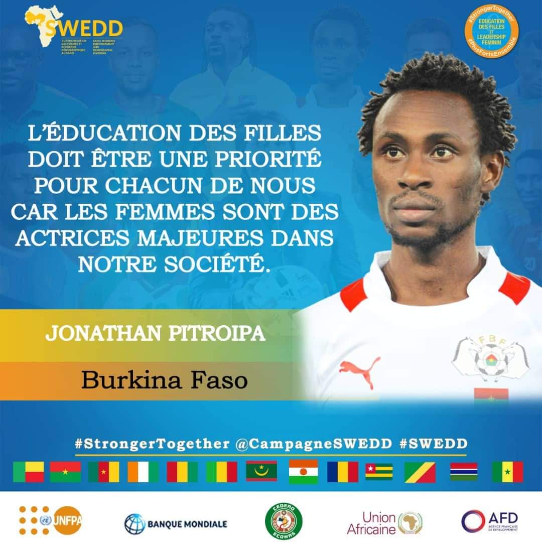 " L'éducation des jeunes filles doit être une priorité pour chacun de nous car les femmes sont des actrices majeures dans notre société ": Jonathan Pitroipa , international footballeur Burkinabè.
#PlusFortsEnsemble 
#SWEDD
#leadershipfeminin
<a href="/BM_Afrique/">Banque mondiale AFR</a> <a href="/UNFPA_WCARO/">UNFPA WCARO</a> <a href="/OoasWaho/">WAHO | OOAS</a>