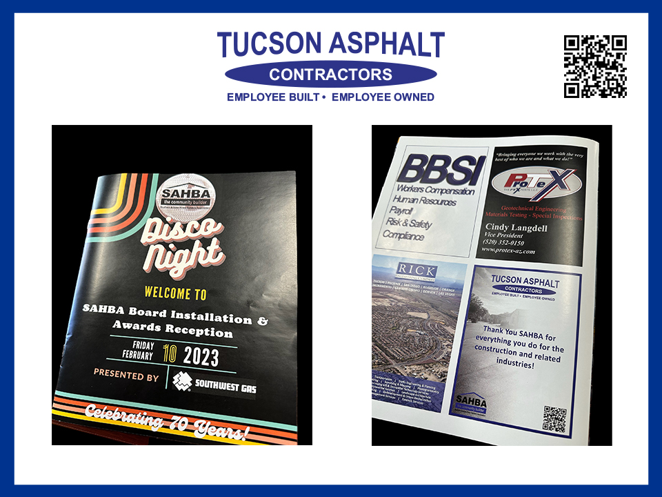 TucsonAsphalt's tweet photo. We are proud to sponsor the @OfficialSAHBA  Board Installation &amp; Awards Reception last Friday night. What great energy and a fun event. We look forward to continued involvement with the association.

#employeebuilt #employeedowned https://t.co/B1JfoDi9IL