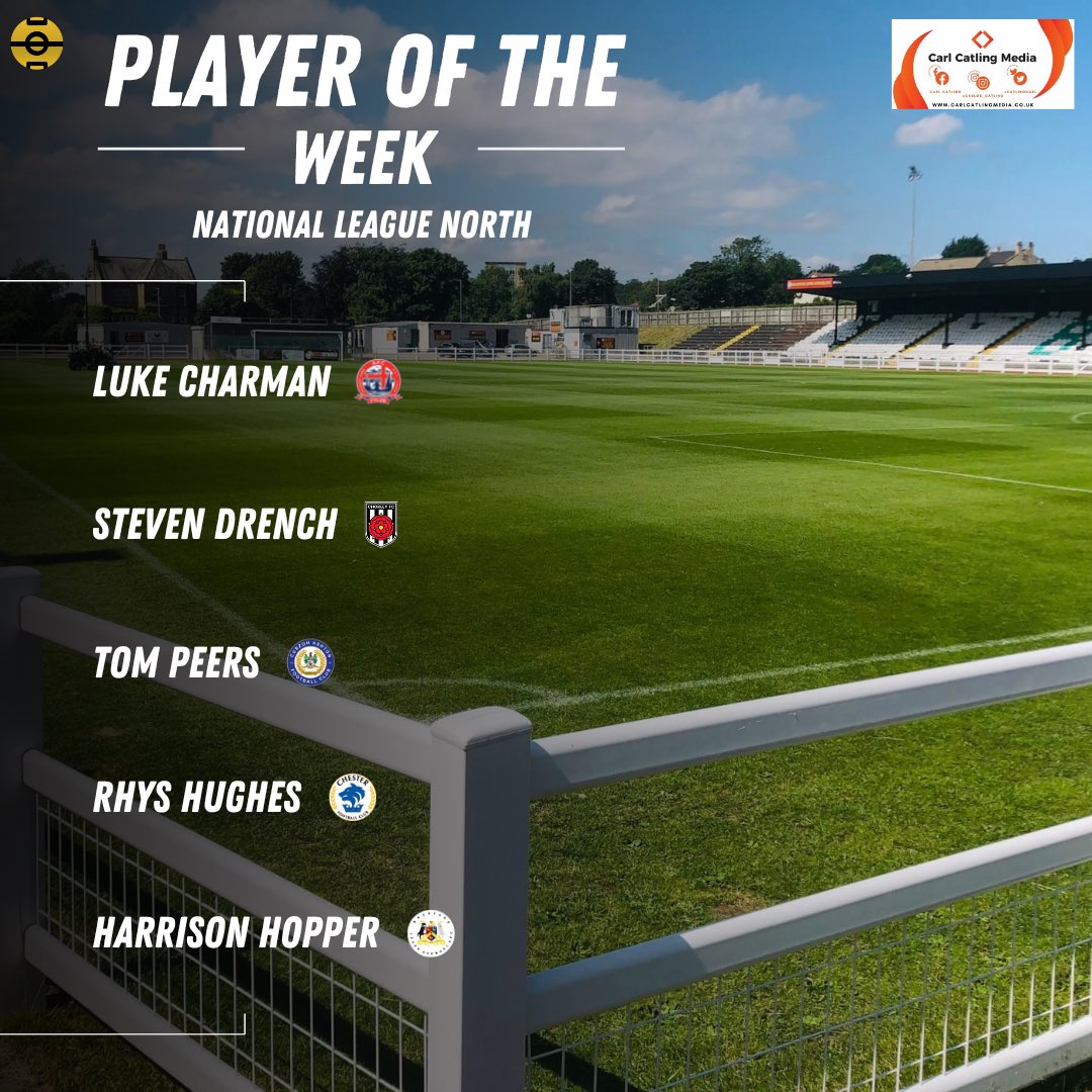 Our National League North Player Of The Week Nominations sponsored by @CatlingCarl 
—
Comment or tag your chosen nominee below to cast your vote 👇🏻👇🏻
—
<a href="/chorleyfc/">Chorley FC</a> <a href="/CurzonAshton/">Curzon Ashton</a> <a href="/ChesterFC/">Chester FC</a> <a href="/BPAFCOfficial/">Bradford (Park Avenue) AFC</a> 
—
#nonleaguefootball #nonleague #nationalleague #nationalleaguenorth