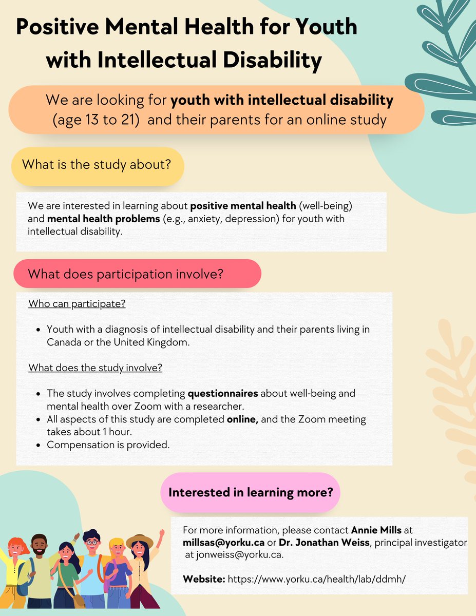 annieshawmills's tweet image. Our research team @YorkU is recruiting youth with #intellectualdisability (ages 13 to 21) and their parents to participate in an online study about mental health! 

See attached for more information, and email millsas@yorku.ca to learn more.  Please RT! :)
