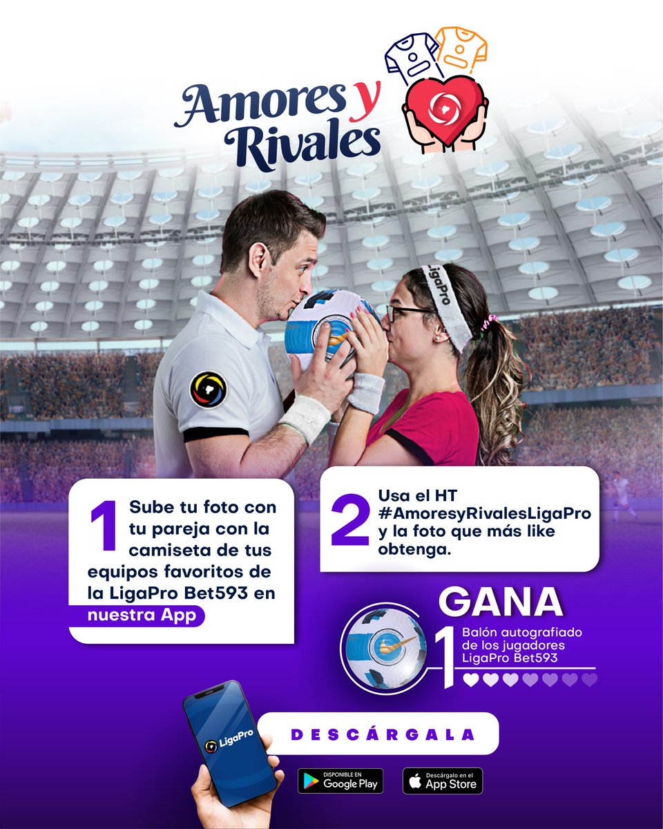 LigaEcuabetec's tweet photo. 📍Concurso amores y rivales en la App LigaPro❤️

💻Descarga: https://t.co/krGNXV7Z5z 

1️⃣ Sube una foto en la aplicación junto a tu pareja y con las camisetas de equipos de la LigaPro🌟Bet593⚽️

2️⃣ Usa #AmoresYRivalesLigaProBet593🙌🏻

#AppLigaPro🇪🇨💯 https://t.co/GVP4zX4KAO