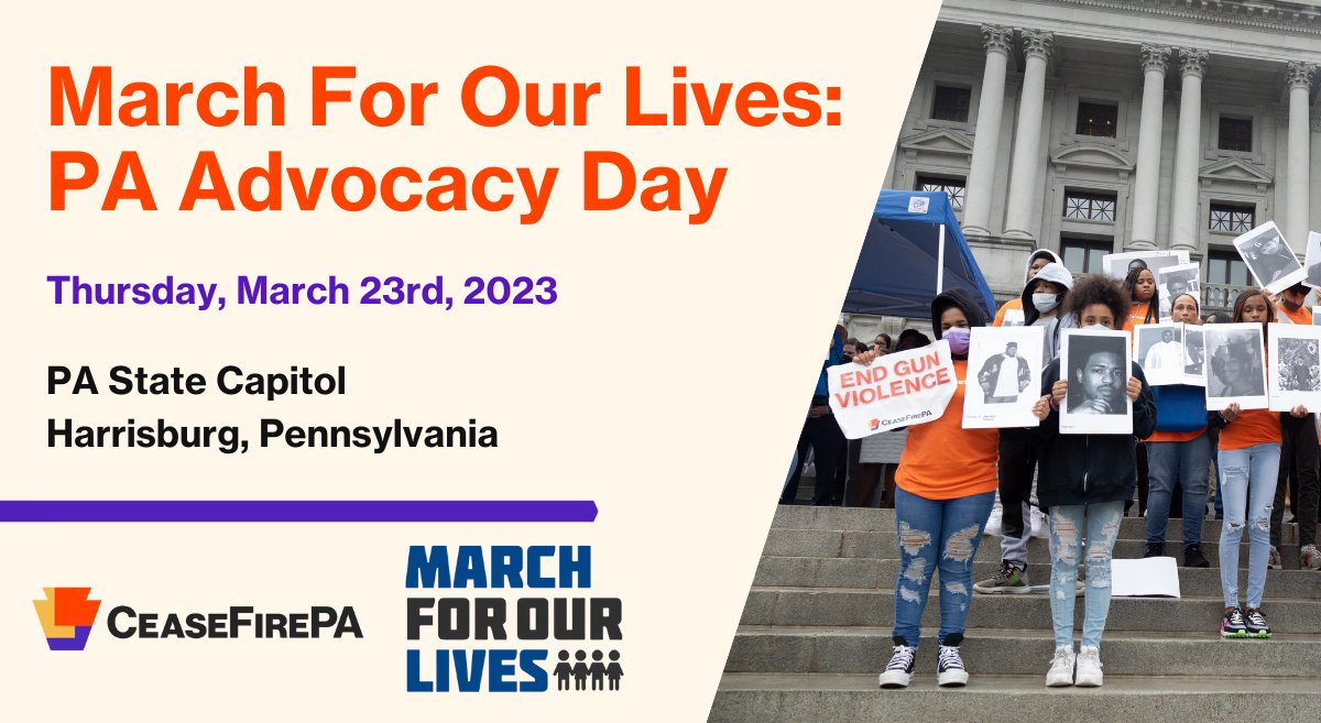 We'll soon have a gun safety majority in the PA House of Reps – and a real chance to pass life-saving bills. Help us seize this opportunity & join hundreds of advocates in Harrisburg on March 23 for Advocacy Day, in partnerhip w/ @AMarch4OurLives. Sign up: act.ceasefirepa.org/a/march-our-li…