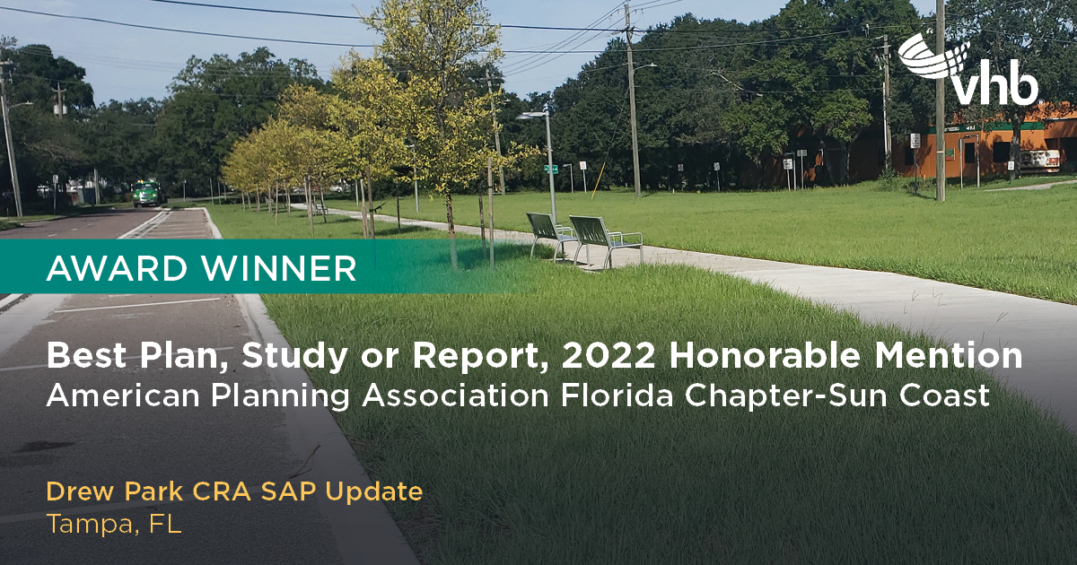 VHBnow's tweet photo. The @APAFlorida Sun Coast Section recognized the Drew Park Community Redevelopment Area SAP Update with an honorable mention for Best Plan, Study or Report!
Learn more about the Strategic Action Plan: https://t.co/DMKWeltz3k.
#EnhancingCommunities #VHBSustainability https://t.co/RieYHMrXWq