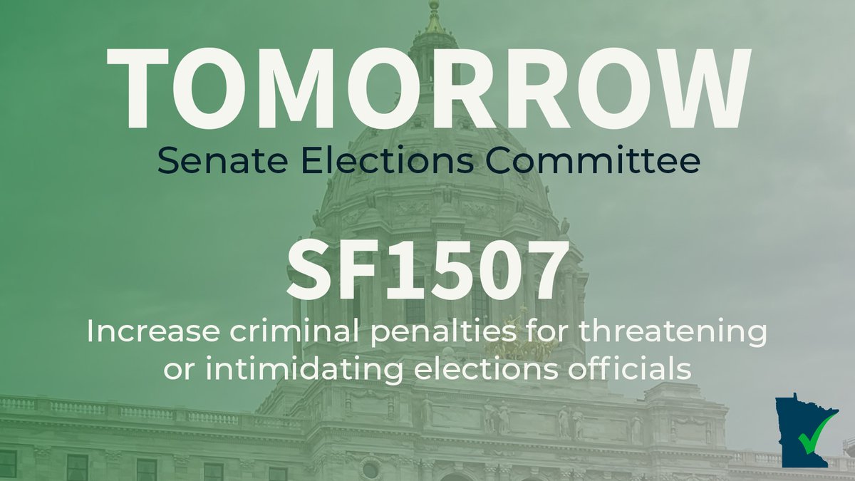 CleanMinnesota's tweet photo. TOMORROW! The Senate Elections Committee will be hearing legislation to protect our election workers in Minnesota! Be sure to tune in to watch Clean Elections Minnesota members testify!

📺: https://t.co/cJWKH5506z https://t.co/UTawEwPyh6