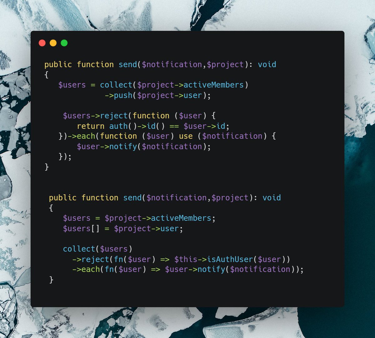 h_ik04's tweet image. Coding Tip 🔥
Code readability is Key! Here's a #Laravel code snippet for sending project notifications to users (excluding the auth user). Opt for the second method for more explicit, more efficient code 💻 #codingtips #developermindset