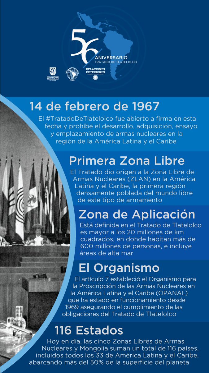 Esta semana Chile se suma a la celebración de los 56 años del #TratadoDeTlatelolco uno de los  grandes aportes de América Latina y el Caribe a la paz y seguridad internacional. 
<a href="/OPANAL/">OPANAL</a>
<a href="/Minrel_Chile/">Cancillería Chile 🇨🇱</a>