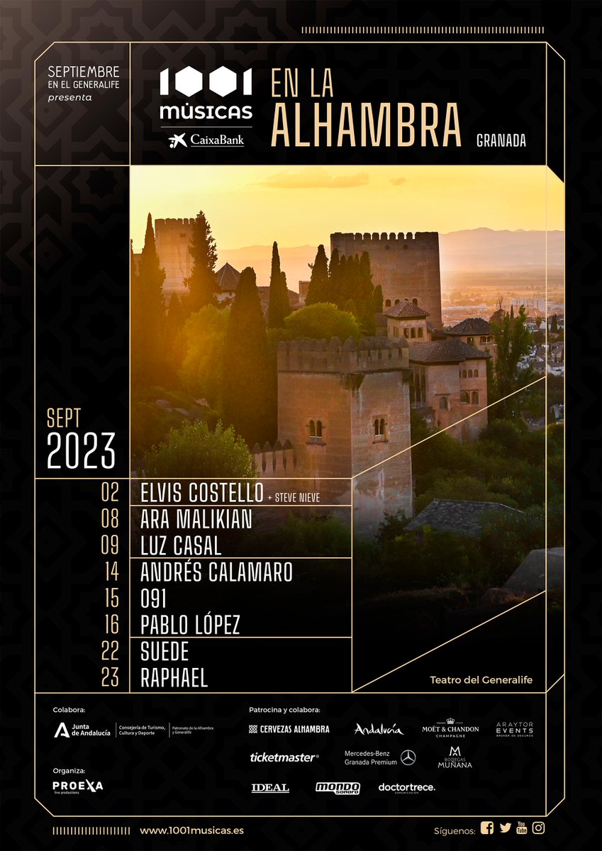 💥Elvis Costello, Ara Malikian, Luz Casal, Andrés Calamaro, 091, Pablo López, Suede y Raphael  actuarán en el Teatro del Generalife el próximo mes de septiembre, en el ciclo '1001 Músicas'.