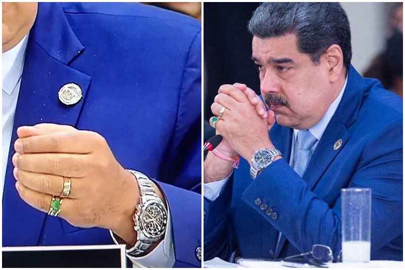 eduardomenoni's tweet photo. ¿Socialismo? El tirano Nicolás Maduro usa Rolex y anillos de oro con esmeraldas mientras que los venezolanos cobran 2 dólares de sueldo al mes y mueren de hambre. https://t.co/vM3G9FpHRZ