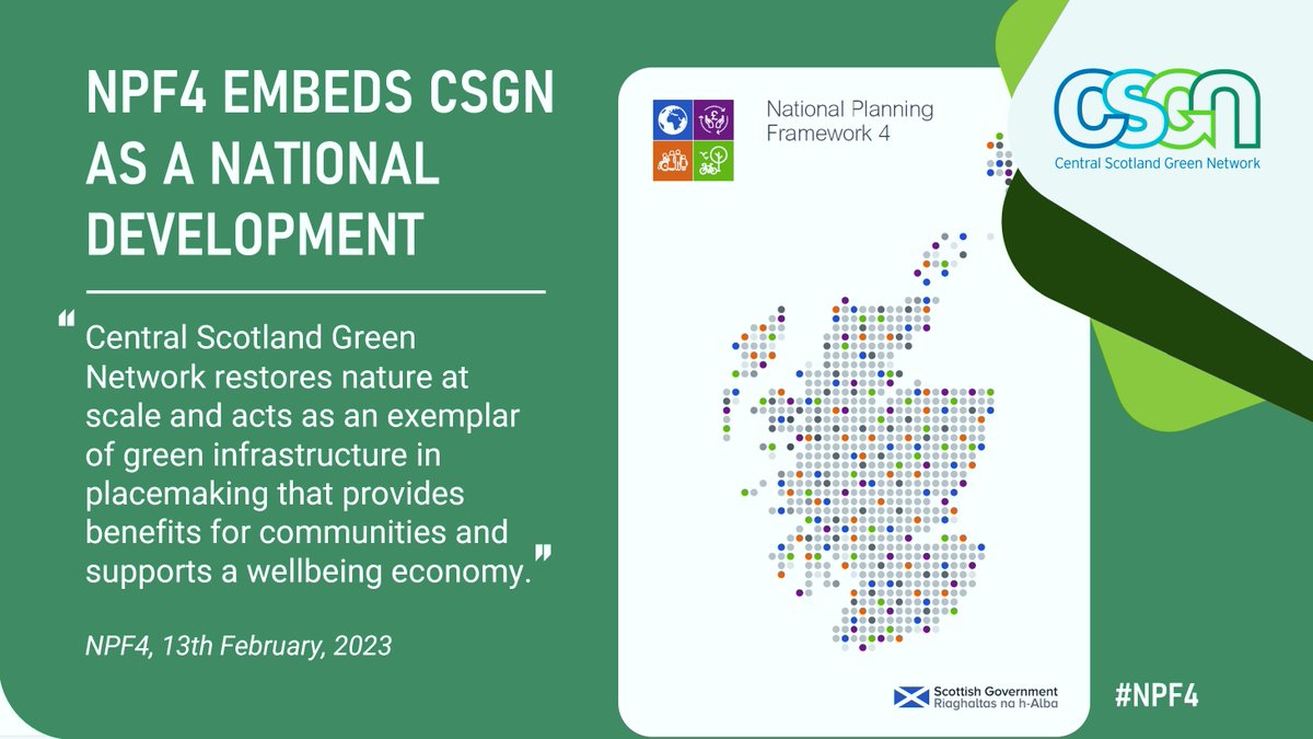 Scotland's fourth National Planning Framework #NPF4 has been adopted today with a welcome emphasis on climate and nature.

The #CSGN is again included as a National Development.🏴󠁧󠁢󠁳󠁣󠁴󠁿

Read more about its significance for Scotland's ambitions: 

centralscotlandgreennetwork.org/csgn-embedded-…