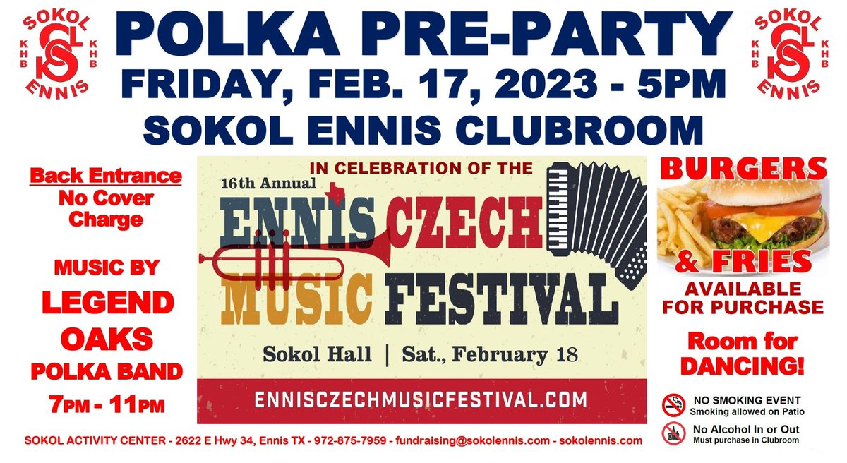 Don't miss the Polka Pre-Party this Friday 2/17 at the Sokol. No cover charge to come out and enjoy a live performance by the Legend Oaks Polka Band!