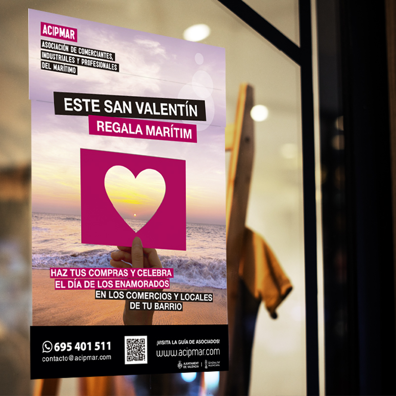 Acipmar's tweet photo. ESTE SAN VALENTÍN REGALA MARÍTIM
 @acipmar lanza la campaña "Este San Valentín Regala Marítim". La campaña busca dar visibilidad a los comercios asociados durante el día de San Valentín con carteles diseñados para esta fecha. #ACIPMAR #comerciodebarrio https://t.co/dbNFvFvVba