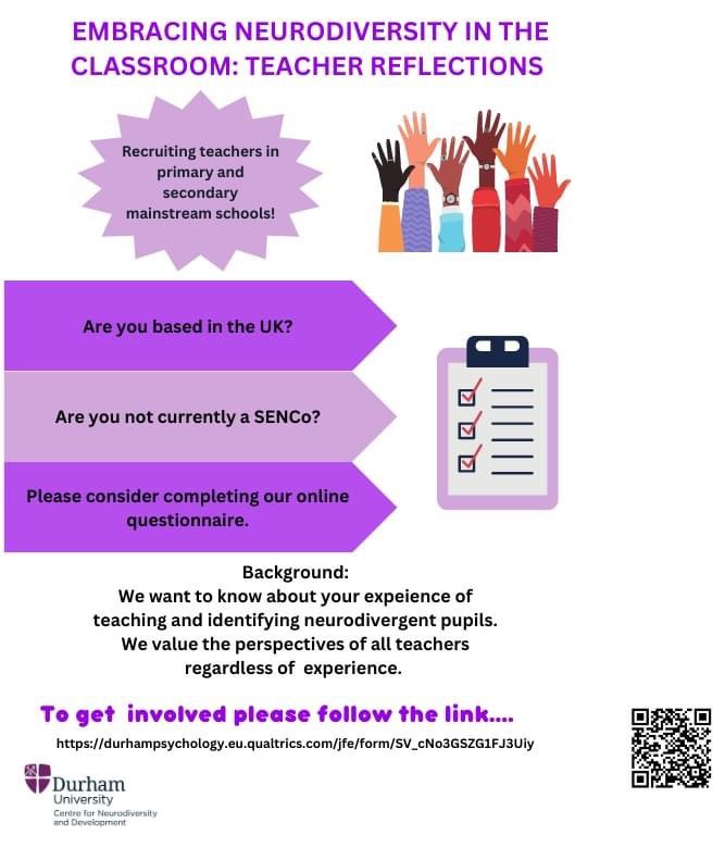 We are looking for UK-based mainstream primary &amp; secondary school teachers to complete this online questionnaire on inclusion and neurodiversity to also inform a future PhD study - please share <a href="/DurhamPsych/">Durham Psychology</a> <a href="/DurhamDevDis/">Durham_NeuroDev</a>