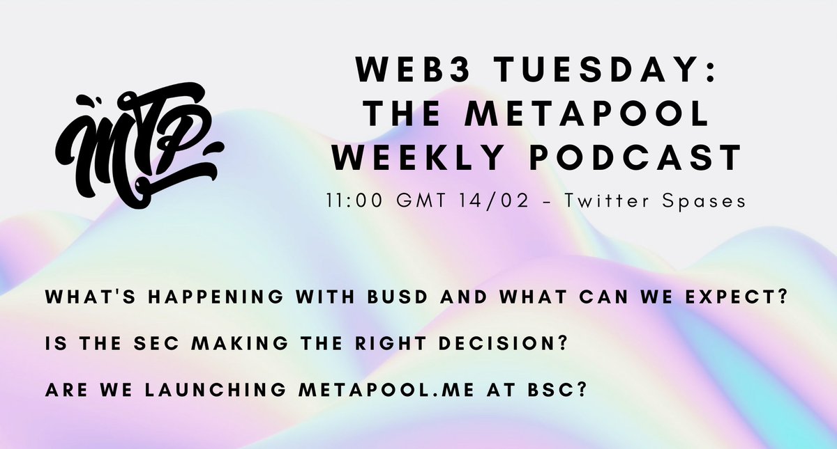 MetaPool.me Weekly Dose #4 💬
— What's happening with #BUSD and what should we expect?
— Is the SEC making the right decision?
— Are we launching #MetaPool_me at #BSC?

📅 DATE: 14/02/23
⏳ TIME: 11:00 am GMT
📍 Twitter.com/i/spaces/1rmGP…

#Web3  #blockchain #Crypto