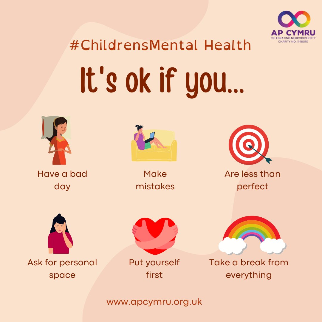 AP_CYMRU's tweet photo. Children's Mental Health Week 2023
It's ok if you...
#ChildrensMentalHealthWeek  #letsconnect #apcymru #neurodiversity #confidencebuilding #empowerment #powerofcontrol #itsokay https://t.co/xZAmc0Vr64