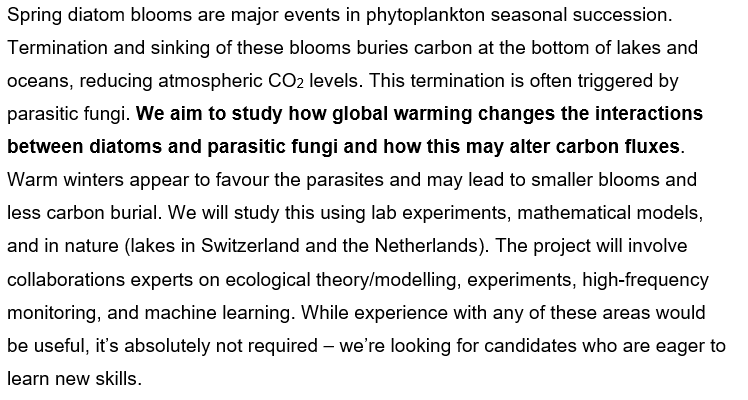 mridulkthomas's tweet photo. Bas Ibelings (@MECO_UniGe) and I have a new PhD position available - please help us get the word out! 

The project will study how temperature affects phytoplankton-parasite interactions and carbon fluxes, and will involve @DedmerW @JorritMesman and @alenagsell as collaborators. https://t.co/qoviEHMLAA