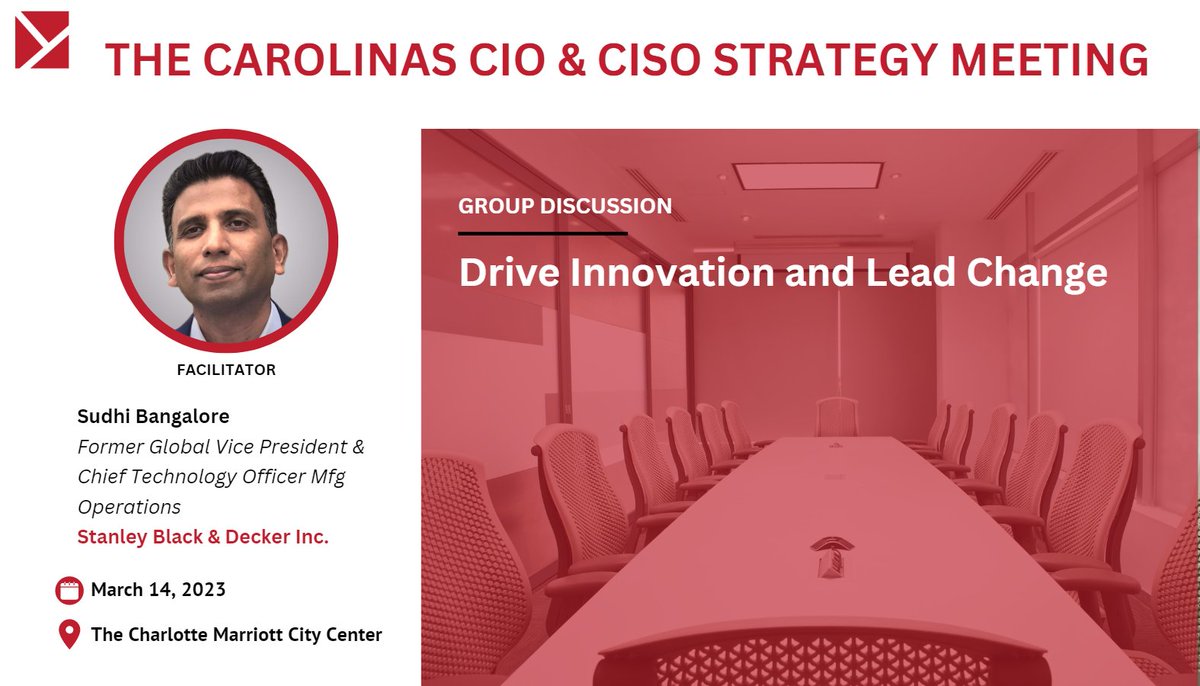 NCS_Madison's tweet photo. Join us in Charlotte for our CIO &amp; CISO Strategy Meeting next month! Sudhi will lead a group discussion focusing on human-centered technology initiatives. Participate in other discussions that promote open dialogue and brainstorming with your peers! 

https://t.co/9LavAKe4iR https://t.co/Pc7jj5twI4