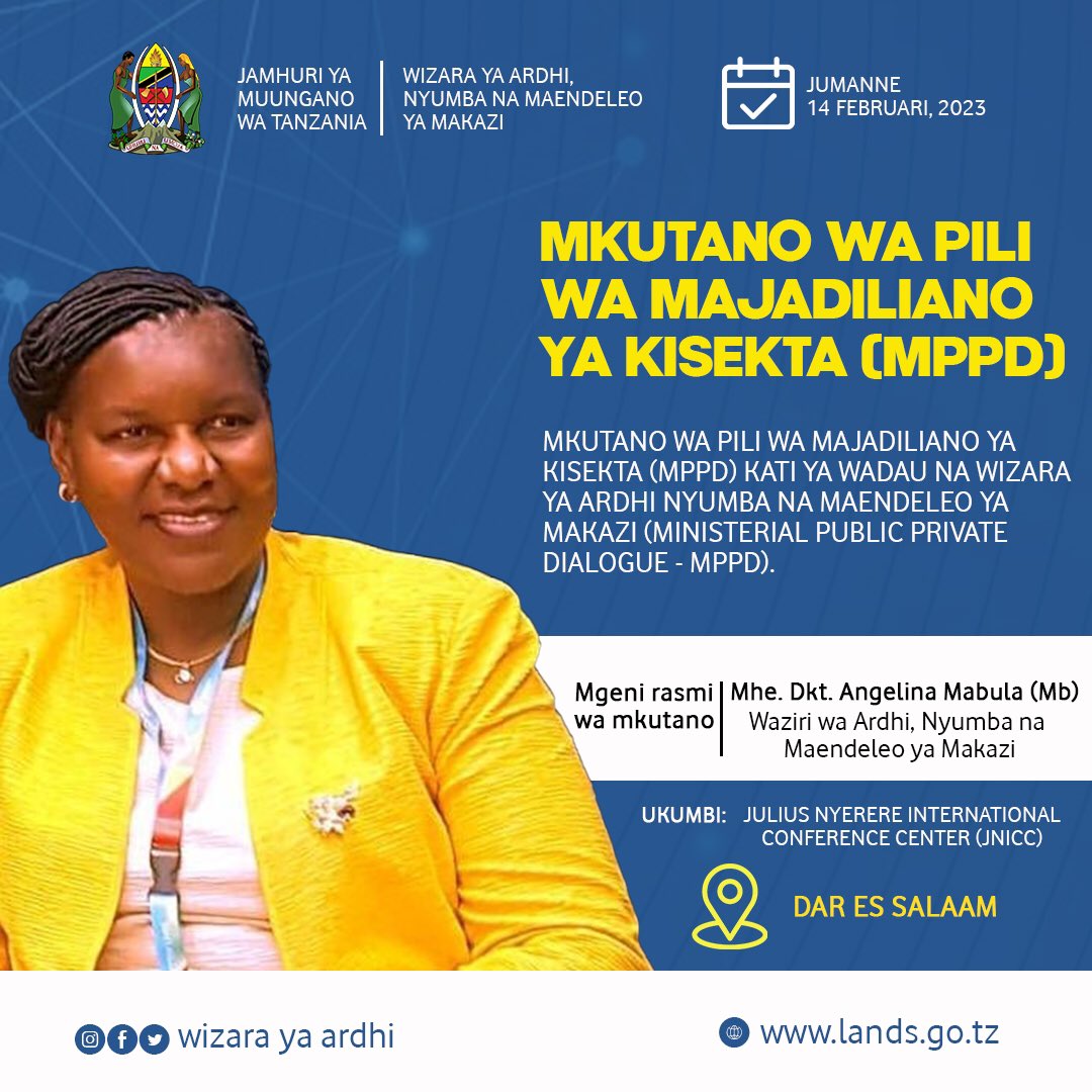 brown_nba's tweet photo. Mkutano wa Pili wa Majadiliano ya Kisekta (MPPD) Kati ya Wadau na Wizara ya Ardhi, Nyumba na Maendeleo ya Makazi (MINISTERIAL PUBLIC PRIVATE DIALOGUE - MPPD)

Mgeni Rasmi wa Mkutano: Mhe. Dkt. Angelina Mabula (Mb) - Waziri wa Ardhi, Nyumba na Maendeleo ya Makazi. https://t.co/bSyG78xY9t