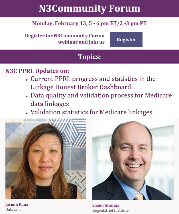 data2health's tweet photo. Join the #N3CommunityForum to learn about #N3C Privacy-Preserving Record Linkage #PPRL Updates today, February 13th at 2pm PT/5pm ET
Register for the #webinar at https://t.co/PSmH9pmMdz
#CD2H #N3C #COVID #COVID19 #LinkageHonestBroker #Medicare #data https://t.co/pLYeNE0yti