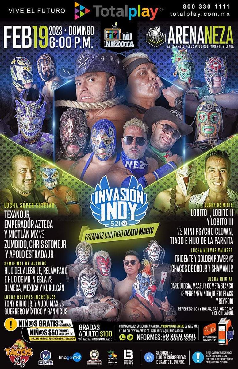 LaTijeraLucha's tweet photo. Niños gratis en gradas y solo $50 pesos en ring numerado en la #ArenaNeza.
Domingo 1️⃣9️⃣ de febrero #TemploDeLaMagiaLuchistica con #InvasionIndy apoyando a #DeathMagic
🔥 Mexicanos y Guapos VIP #TexanoJr, #EmperadorAzteca y #MictlanMx 🆚 #Zumbido, #ChrisStoneJr y #ApoloEstradaJr https://t.co/ETC5WQ5sFf