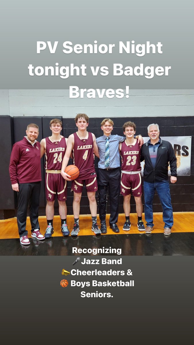 ck2summers's tweet photo. PV Senior Night tonight vs the Badger Braves. JV starts at 5:30 PM & Seniors will be recognized in between games. We will be recognizing 🎤PV Jazz, 📣Cheerleaders and 🏀Boys Basketball. Goooo Lakers! 📸 Photo Credit Katrina Musgrave. #PVLakers https://t.co/fXcXSwIidp