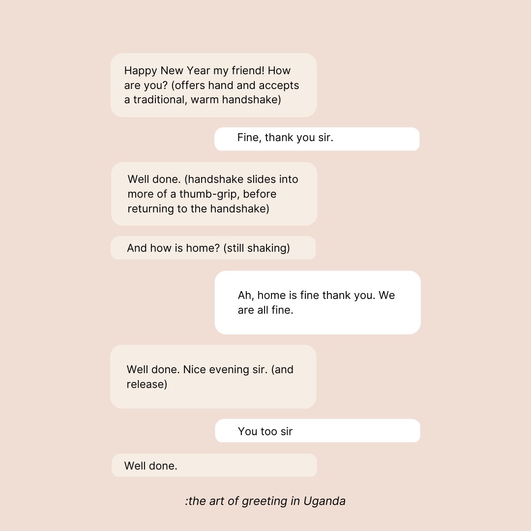 CommunityWaffle's tweet image. Received this transcript from a friend living in Uganda &amp;amp; being greeted in the street by a stranger (love the routine use of &apos;well done&apos;)

How have you seen different cultures engage strangers?