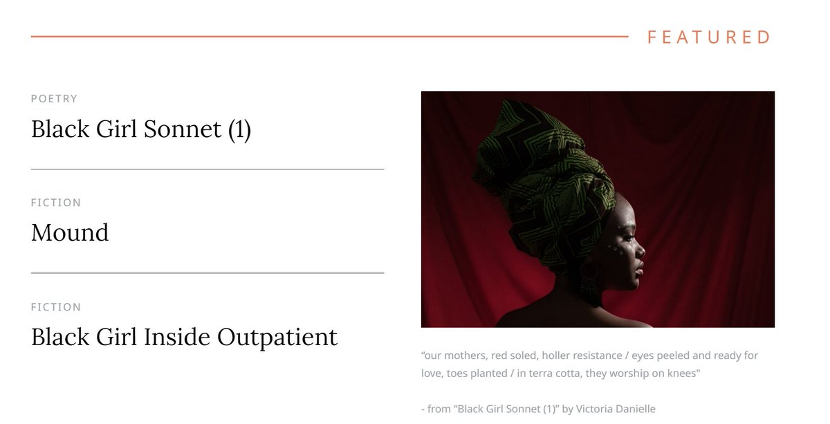 ✨NEW - Porter House Review✨ 

Poetry: "Black Girl Sonnet" by Victoria Danielle (<a href="/vickiwroteit/">catfish fried up, dirty south fed. 🧜🏿‍♀️</a>)

Fiction: "Mound" by Hayward Leach  

Fiction from the Archive: "Black Girl Inside Outpatient" by Maya Eli Pearson 

porterhousereview.org