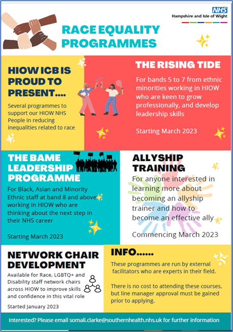 Brilliant set of race equality programmes in @HIOW_ICS Email Somali.Clarke@SouthernHealth.nhs.uk for more info. Improving inclusion across our patch!