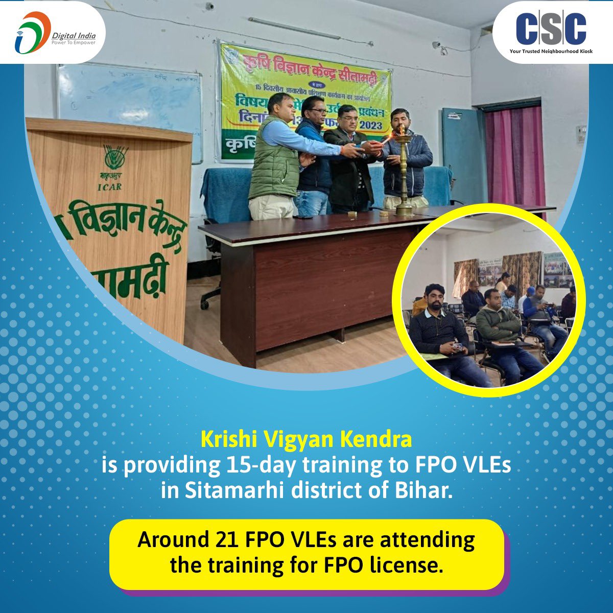 Krishi Vigyan Kendra is providing 15-day training on FPO to VLEs in Sitamarhi district of Bihar. Around 21 VLEs are attending the training programme.  #DigitalTransformation #FPO #agriculture #atmanirbharbharat #atmanirbharkisan