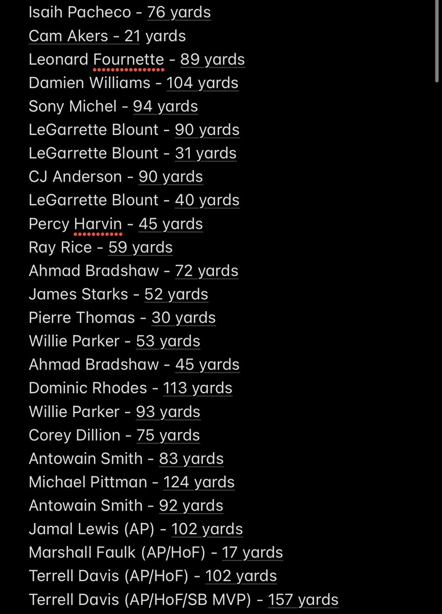Steven_Haass's tweet photo. List of every Super Bowl winner’s leading rusher:

10 of the 44 players are HoF RBs, last was Marshall Faulk (2000)

7 of the 56 SB MVPs were RBs, last was Terrell Davis (1998)

Last All-Pro RB on this list was Jamal Lewis (2001)

Avg salary over the last 5 yrs is $1,622,276.40 https://t.co/eQJVMeyLqn