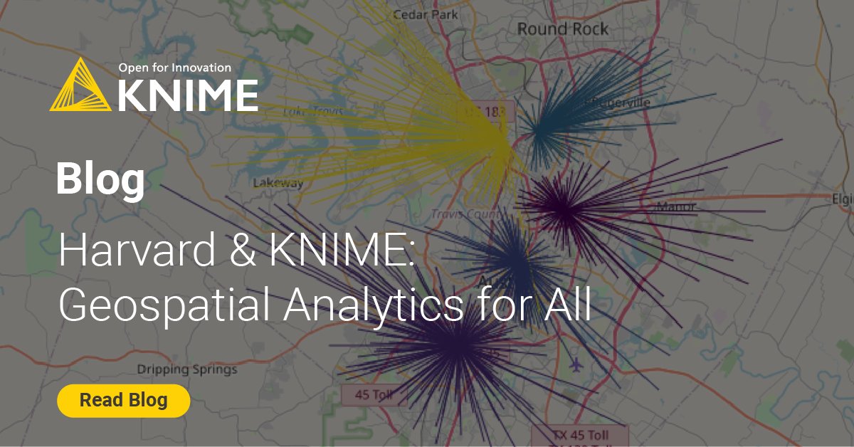 knime's tweet image. Did you know that #geospatial analysis is possible with @knime? Read how @HarvardCGA have developed a #lowcode solution to make #geospatialanalysis available to all. Learn more in the article: eu1.hubs.ly/H02QkqC0

#Harvard #KNIME #datascience