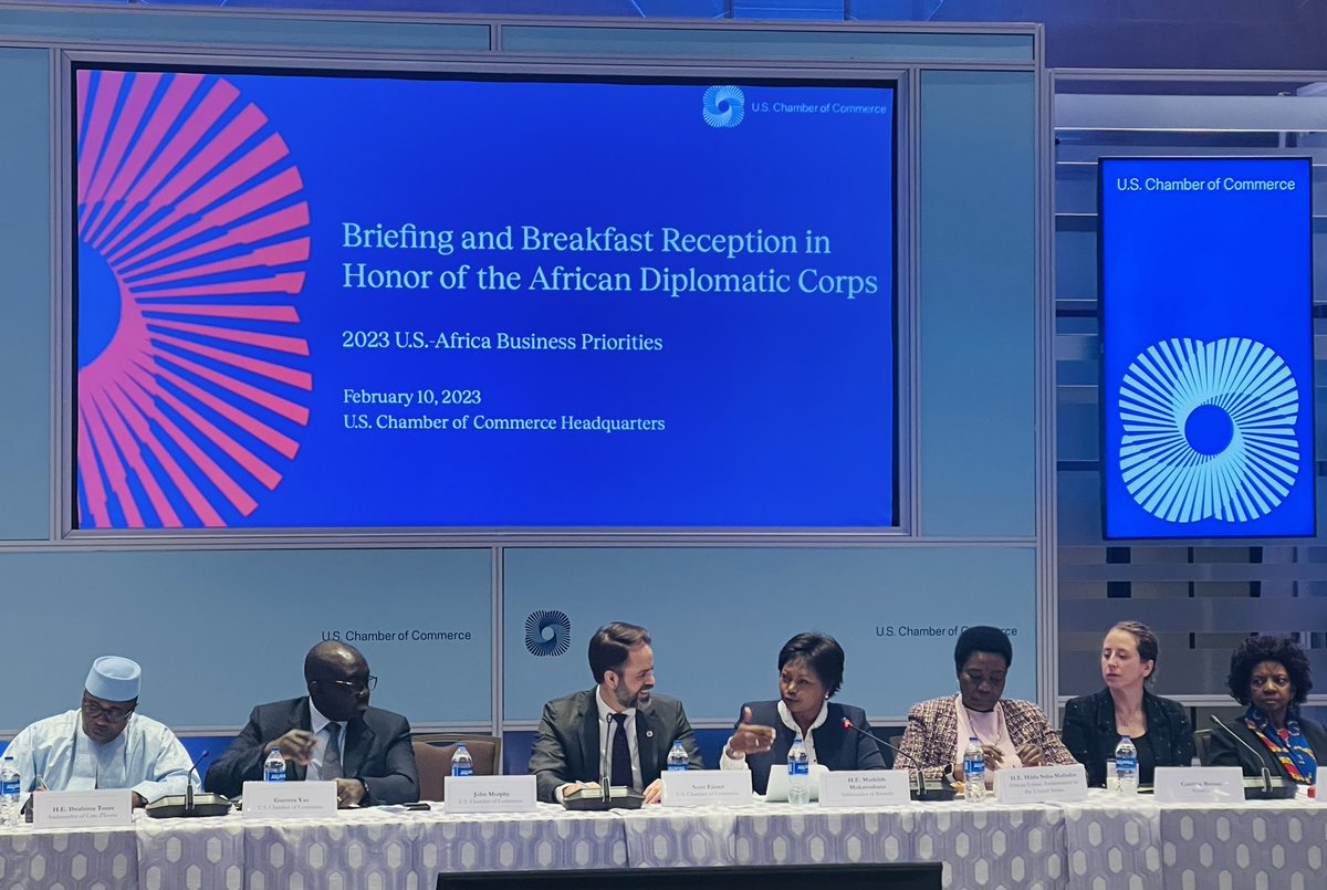 AmbMukantabana's tweet photo. Speaking with @USChamber member companies &amp; the African Diplomatic Corps. on how we [#Africans] can collaborate on efforts of mutual priority and interest. #USABF @RwandaFinance @RDBrwanda https://t.co/4mYU9JtJso