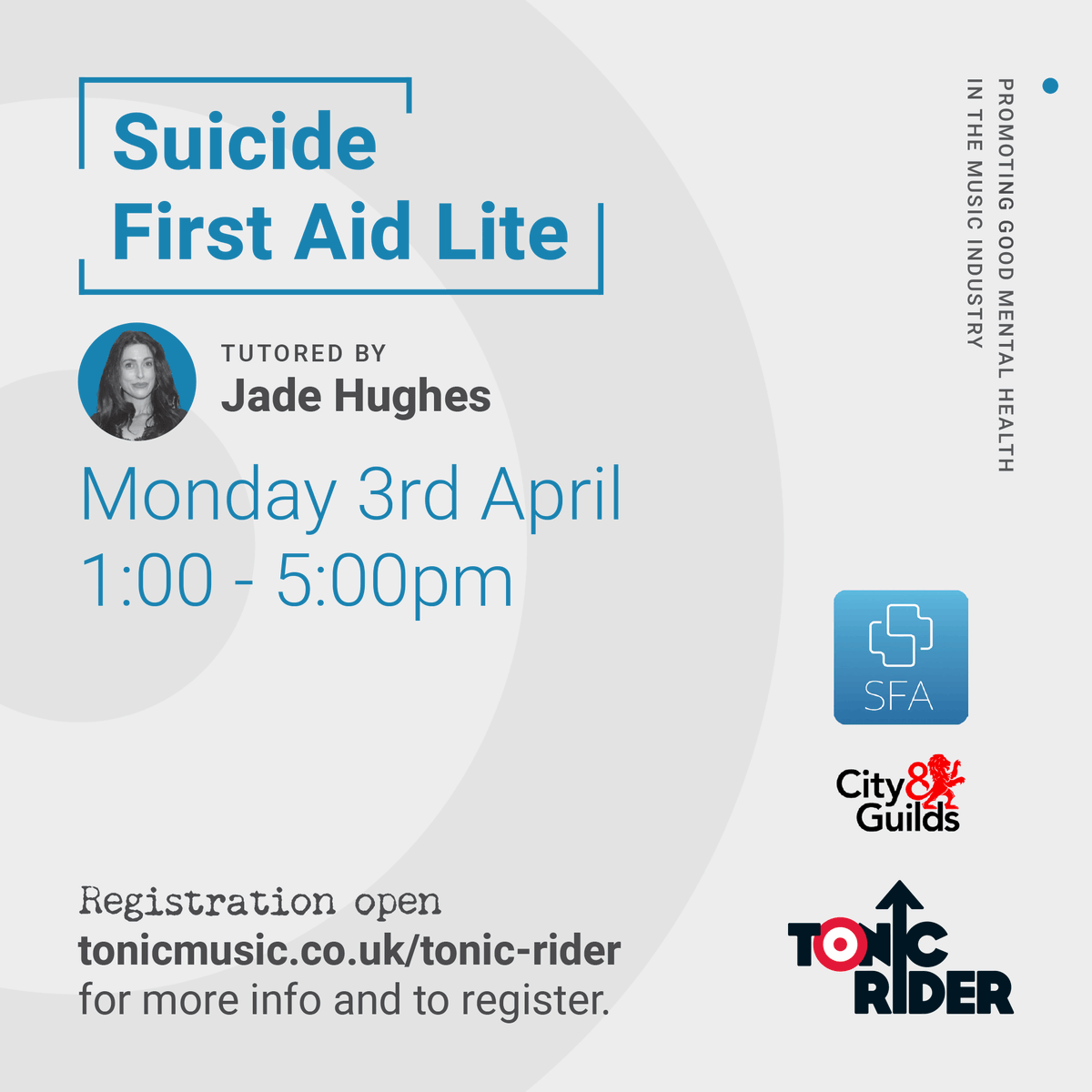 Tonic Rider (@tonicrideruk) on Twitter photo Join us for one, two or all three of our upcoming online training courses...
accredited / assured by
<a href="/TheCPDService/">The CPD Service</a>
<a href="/MHFAEngland/">MHFA England®</a>
<a href="/suicidefirstaid/">SFA: Suicide First Aid</a>
FREE to ALL working musicians in the UK
#TonicRider #MentalHealth #Wellbeing #Awareness #FirstAid #SuicidePrevention #MusicIndustry Join us for one, two or all three of our upcoming online training courses...
accredited / assured by
<a href="/TheCPDService/">The CPD Service</a>
<a href="/MHFAEngland/">MHFA England®</a>
<a href="/suicidefirstaid/">SFA: Suicide First Aid</a>
FREE to ALL working musicians in the UK
#TonicRider #MentalHealth #Wellbeing #Awareness #FirstAid #SuicidePrevention #MusicIndustry