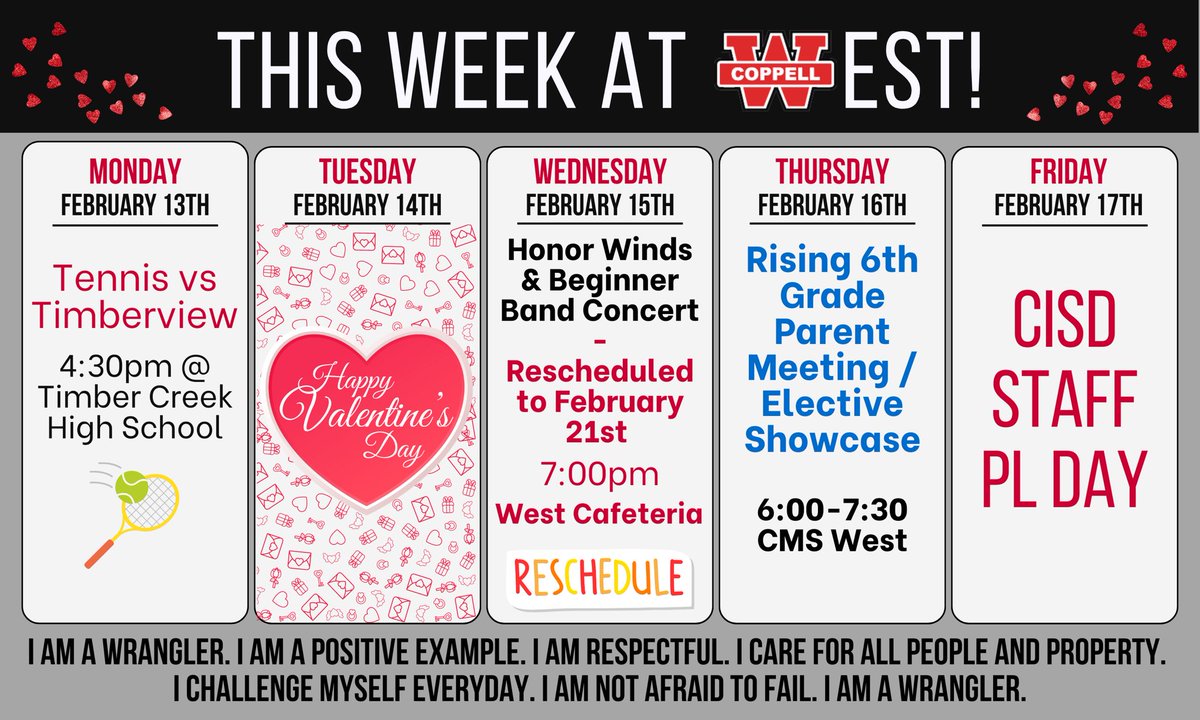 🚨 Corrected - The band concert has been rescheduled to next week!

📣 Here is what’s happening This Week At West! ♥️ #westfam #TWAW