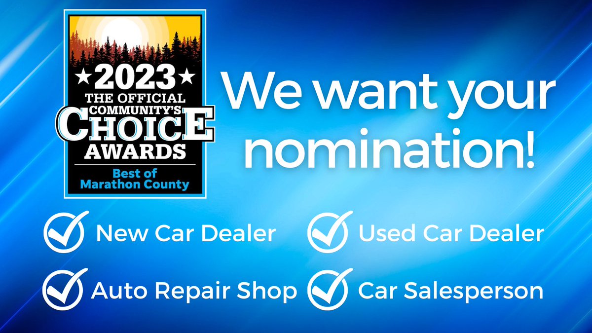 Best of Marathon County 2023 is officially underway! ✔️Nominate your favorite Kocourek dealerships and people for best New and Used Car Dealer, Auto Repair Shop, and Car Salesperson!
Nominate us here! ➡️ bit.ly/40TTwGw