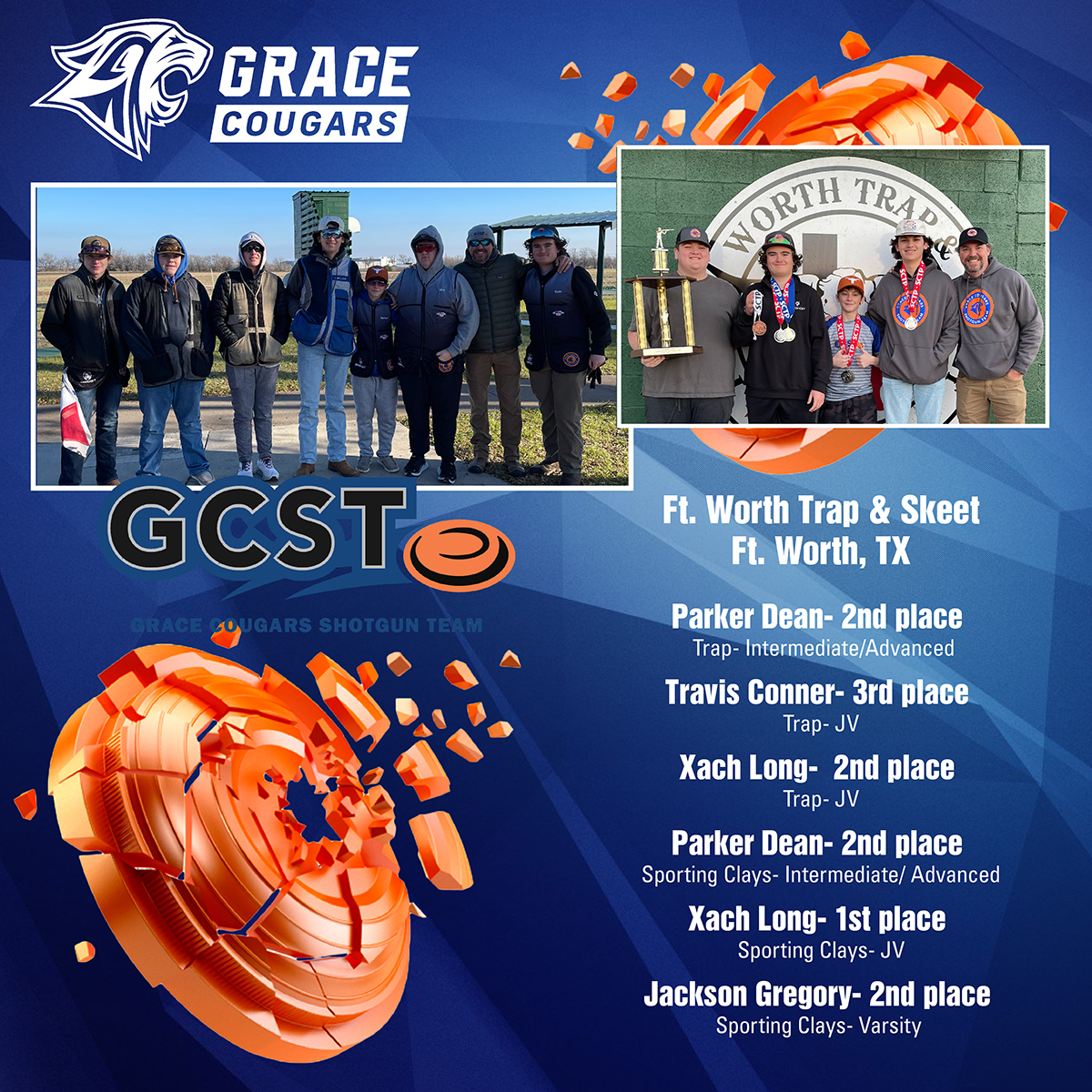 Congratulations to our GCS Shotgun team for their fantastic results at this week's competition in Ft. Worth!

#WeLoveGCS #TeachingJesus #Grace #PrivateSchool #AcademicExcellence #ChristianSchool #TylerTexas #ShotgunTeam
