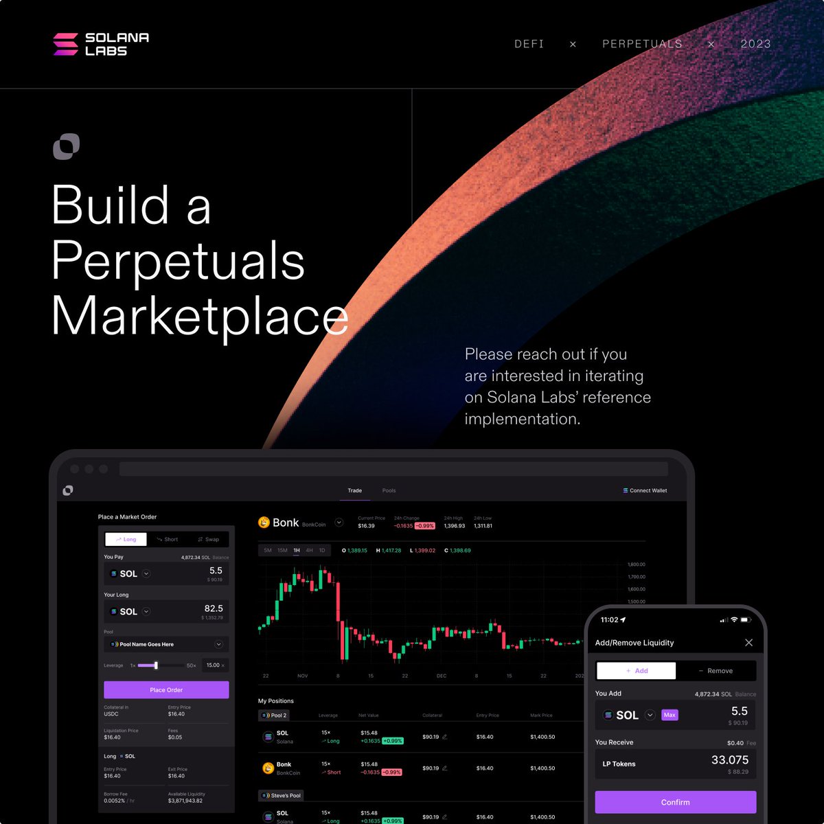 1/ Solana Labs has created a reference implementation for a novel perpetuals marketplace.

Labs is interested in supporting talented builders who want to iterate on this reference implementation.

Get in touch if this could be a good fit: forms.gle/KXoSptmfGeahzf…