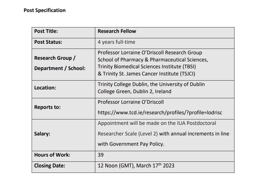 CLuB (@club_cancer1) on Twitter photo Looking for a post-doc position?
We have an opening for a 4 year full-time <a href="/hea_irl/">HEA</a> funded role working on #liquidbiopsy under mentorship of <a href="/lodrisc1/">Lorraine O'Driscoll</a> <a href="/CluB_Cancer1/">CLuB</a> .
Exciting Project - Now advertised on TCD Portal:
my.corehr.com/pls/trrecruit/… Or Email lodrisc@tcd.ie Looking for a post-doc position?
We have an opening for a 4 year full-time <a href="/hea_irl/">HEA</a> funded role working on #liquidbiopsy under mentorship of <a href="/lodrisc1/">Lorraine O'Driscoll</a> <a href="/CluB_Cancer1/">CLuB</a> .
Exciting Project - Now advertised on TCD Portal:
my.corehr.com/pls/trrecruit/… Or Email lodrisc@tcd.ie