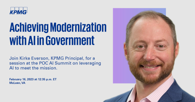 llstarklang's tweet photo. How can #Federalgovernment agencies achieve modernization with #artificialintelligence? Don’t miss Kirke Everson, @KPMG_US, share key strategies during @PotomacOfficers’ 4th Annual Artificial Intelligence Summit Feb. 16. #KPMGFed #KPMGChesapeake #POCAI4 https://t.co/E7Y06kyDIP