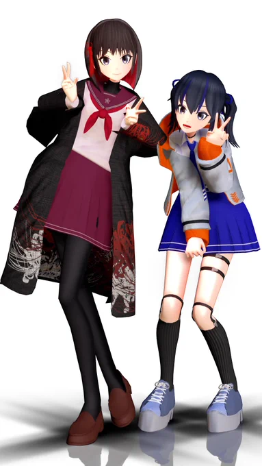今日の進捗!!まーだまだ物理演算に課題がありまくりなのですが、とりあえずMMD上でそれっぽくポーズできるようになったので一段落!ちょいと高飛車目なお嬢様感?新モデル同士のツーショットも良い… #3DCG 
