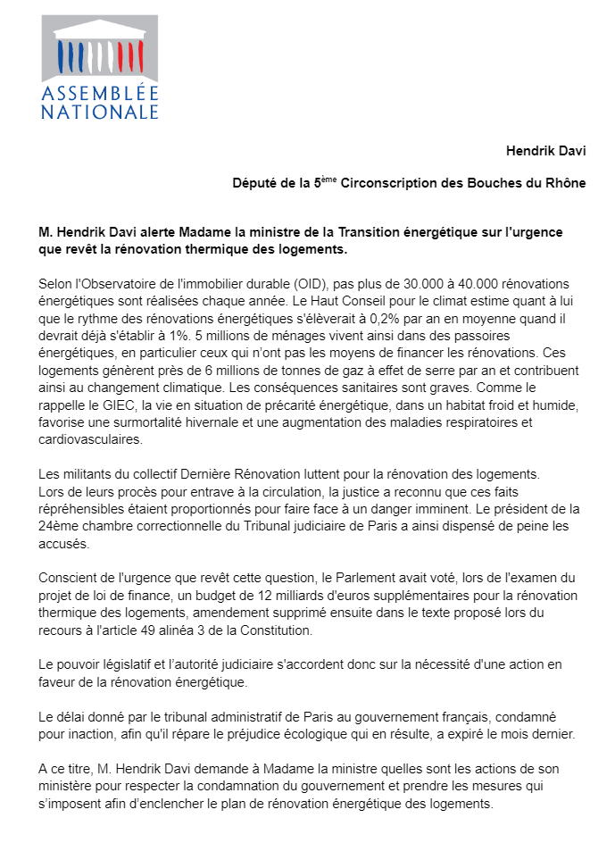 hendrik_davi's tweet photo. J’interroge @AgnesRunacher sur les actions, qu’elle compte prendre afin d’enclencher le plan de rénovation énergétique des logements et répondre pour à la condamnation du gouvernement pour inaction climatique par le tribunal administratif de Paris.
Ma question écrite ⤵️ https://t.co/kFMTtYhzH3