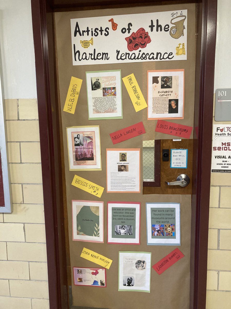Art students designed posters in ⁦<a href="/canva/">Canva</a>⁩ about artists of the Harlem Renaissance for the Black History Month Door Decorating Contest. Stop by 101 to learn &amp; enjoy!