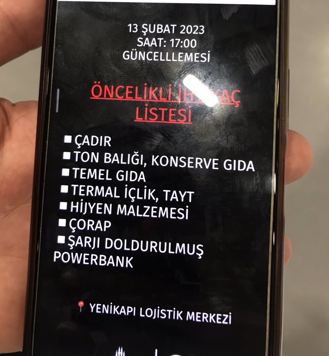 _hakanturk_'s tweet photo. Öncelikli ihtiyaç listesi !!!!!!! 
Yenikapı lojistik merkezine
#ACİL #AFAD #deprem #Gaziantep #hatay #Kahramanmaras https://t.co/fxki6Opn8U