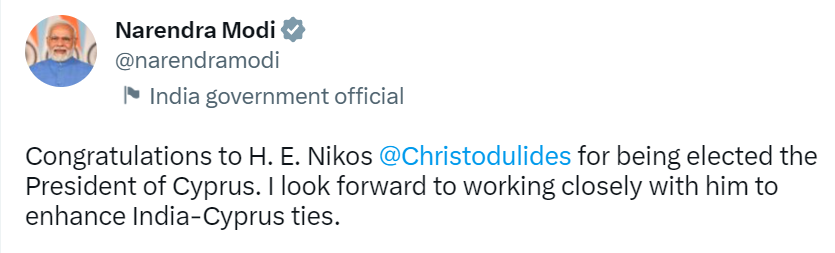 Prime Minister Narendra Modi congratulated Nikos Christodoulides for being elect… Prime Minister Narendra Modi congratulated Nikos Christodoulides for being elect…