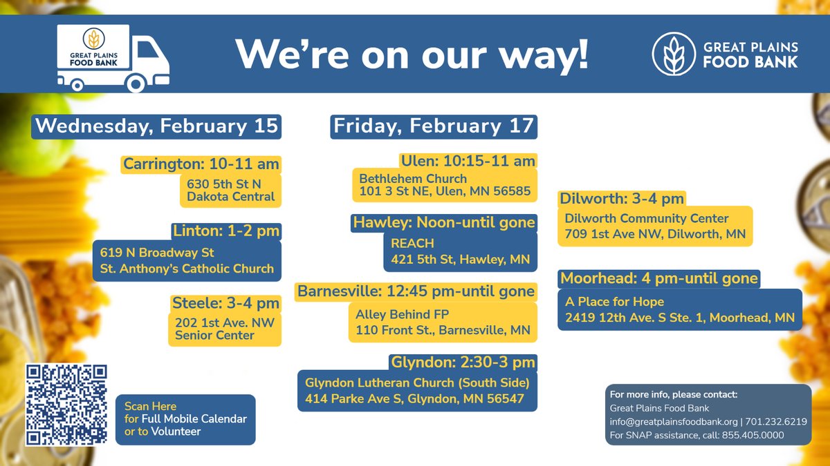 Stops for our mobile food pantry this week are listed below. All in need of food assistance are welcome! #heartssolvehunger #ND #MN #greatplainsfoodbank
Please visit our website from the following link for our full mobile pantry schedule or to volunteer: greatplainsfoodbank.org/our-work/feed-…