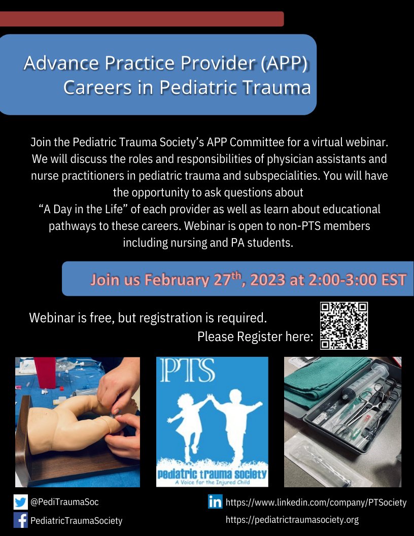 PediTraumaSoc's tweet photo. Are you a #PrePA or #Nursing student interested in pediatric trauma? Considering a career change? Join us to discuss the role of #APPs in pediatric trauma specialties. This is a FREE webinar open to PTS non-members. Register: https://t.co/JsuFhdXo03
#Pediatrictrauma #Pediatrics https://t.co/AiOY6WiBHf